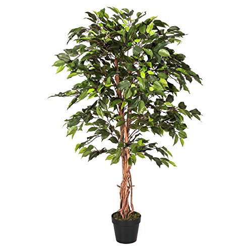 HOMESCAPES 4 Feet Green Ficus Tree With Real Wood Stems and Lifelike Leaves Replica Artificial Plant