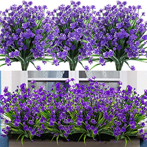 Artificial Flowers,Leixi 6pcs Fake Outdoor UV Resistant Plants Faux Plastic Greenery Shrubs Indoor Outside Hanging Planter Home Kitchen Office Wedding Garden Decor (Purple)