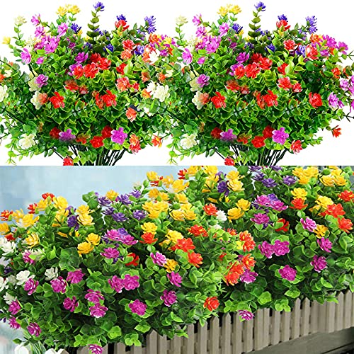 12 Bundles Artificial Flowers for Decoration, 6 Colors UV Resistant Fake Flowers Bouquet Outdoor Indoor, Plastic Shrubs Plants for Hanging Home Garden Porch Window Wedding Party Decor（Multicolor）